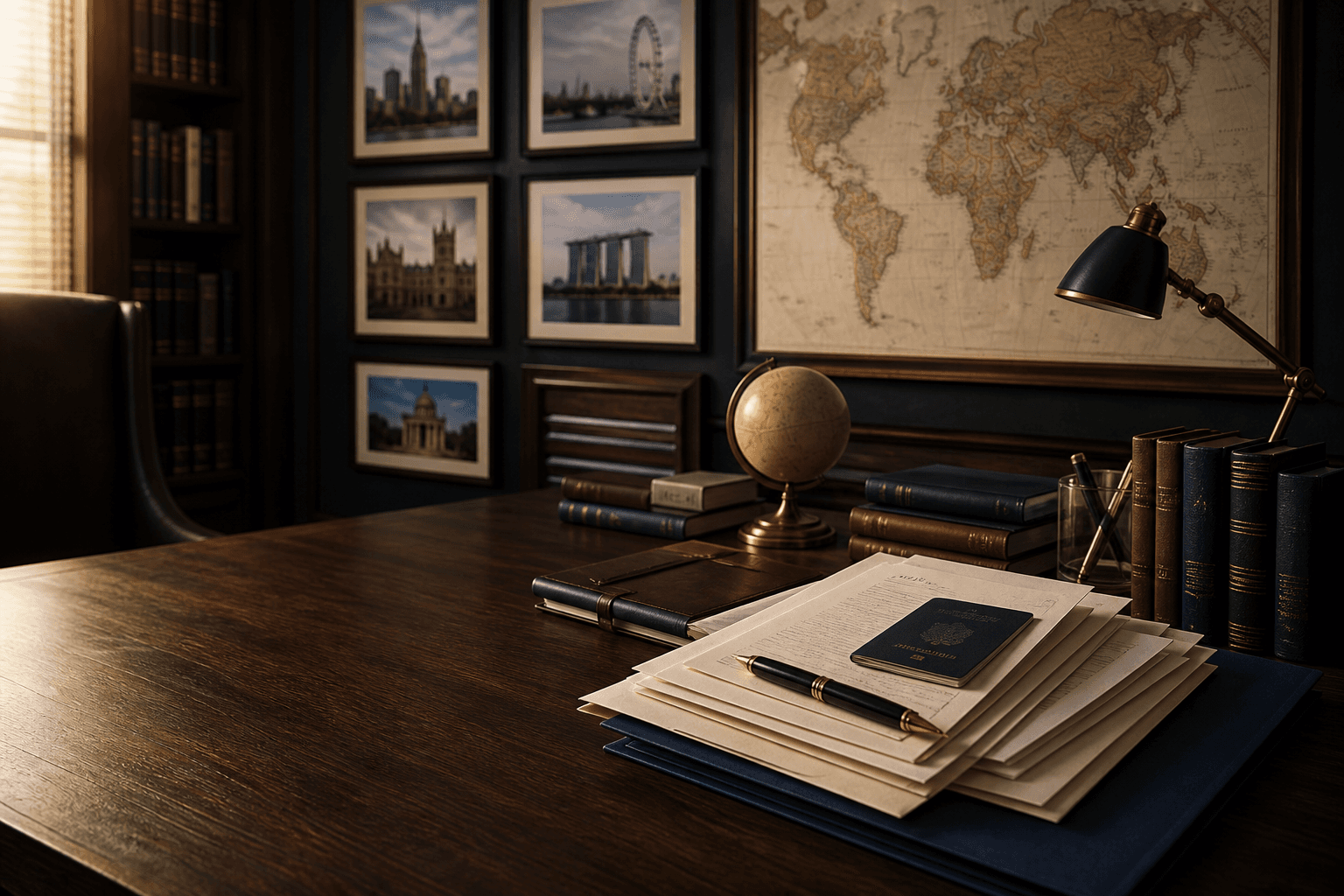 Academic desk with a world map and university application materials
